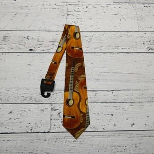Larson Necktie Mens Brown Guitar Music Print 100% Silk Novelty Tie Musician Gift